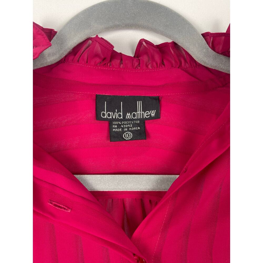 Vintage 1980s David Matthew Sheer Fuchsia Ruffle Blouse Striped High Neck Sz 10 - Picture 6 of 8